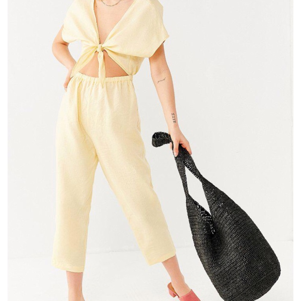 ❌ SOLD: Yellow Linen Tie Knot Jumpsuit w/ Cutout ❌